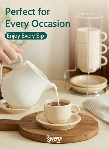Image of Sweese Porcelain Espresso Cups Set, 2.5 oz, Stackable with Saucers Metal Stand, Beige, 4 Pack