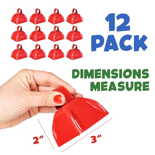 Metal Cowbells - Red 3 Inch Cow Bells Noise Makers, Loud Call Bell with Handles for Sporting Events, Cheering, Team Spirit, Noisemakers, Weddings, (Pack of 12)