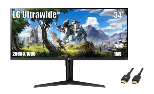 Image of LG 34 inch UltraWide Monitor, 75Hz, 1ms, FHD IPS 21:9 (2560x1080) VESA Display HDR 400, AMD FreeSync, 3-Side Virtually Borderless Display, USB Type-C Connectivity, Black, with 5ave HDMI Cable