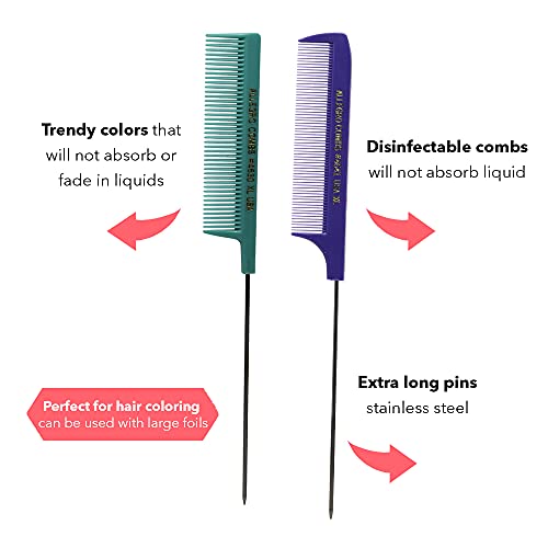 Allegro Combs Xl Pintail Rat Tail Combs Parting Combs Metal Tail Foiling Combs Pin Combs 2 Pc. (Purple & Mint) #TOP1