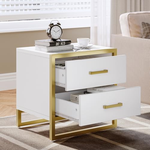 DWVO Night Stand, White and Gold Nightstand Bed Side Table with Drawers, Small Wood Nightstand Sofa Side Table Modern End Tables Bedroom, White