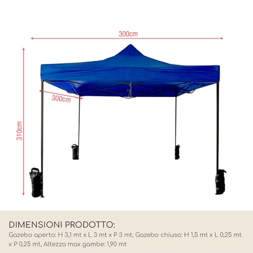 Rebecca Meubels Gazebo Hersluitbaar met 4 Gewichten Blauw Metaal Polyester Zak Tuin Markten Terras 3,1 x 3 x 3 m (Code RE6327) - Afbeelding 4