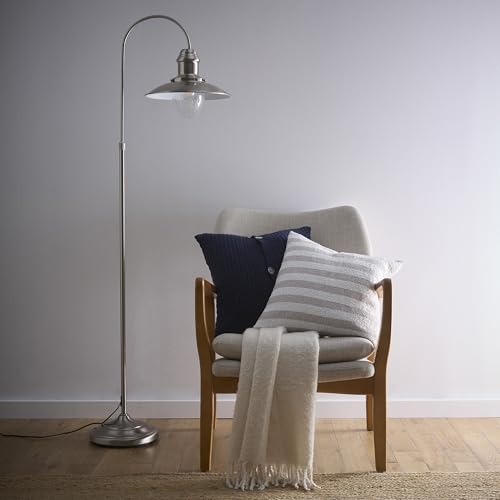 K LIVING Chester Satin Nickel Floor Lamp Light | Fisherman's Industrial Style Shade with Glass and Brass Cage | Non-Electrical Modern Lighting Solution for Any Room