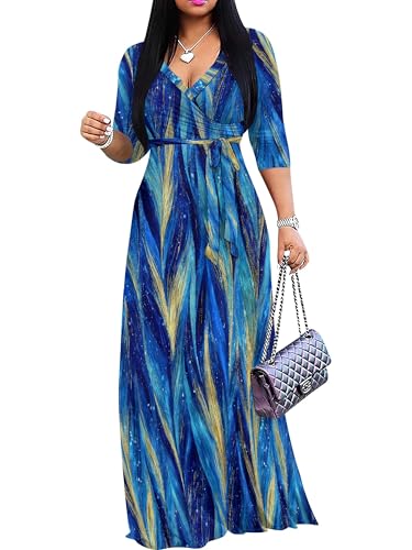 Image of PinkPatty Plus Size Dresses for Curvy Women V Neck Flowy Long Sleeves Wrap Maxi Dress Travel Vacation Outfits