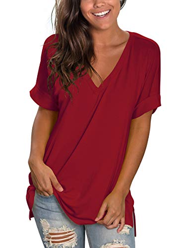 Image of Sampeel Women's V Neck T Shirts Casual Rolled Short Sleeve Side Split Summer Tops Loose Fit