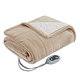 Beautyrest Heated Throw Blanket Wearable Shawl for Gifts, Sherpa to Fleece Electric Wrap Poncho, Auto Shut Off, Virtually No EMF, 3 Heat Level, UL Certified, Machine Wash, Tan 50'x64'