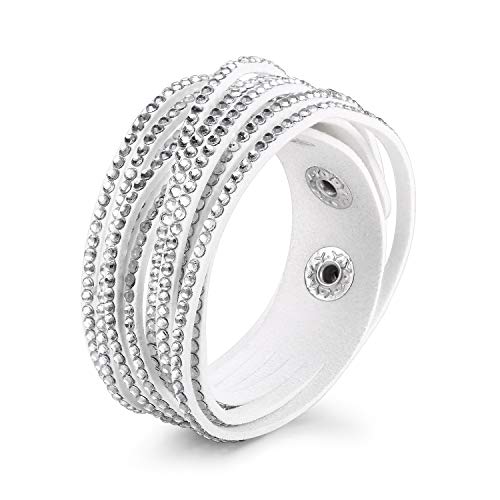 Barzel Leather Created Austrian Crystals Wrap Bracelets (White With White Stones) #TOP1
