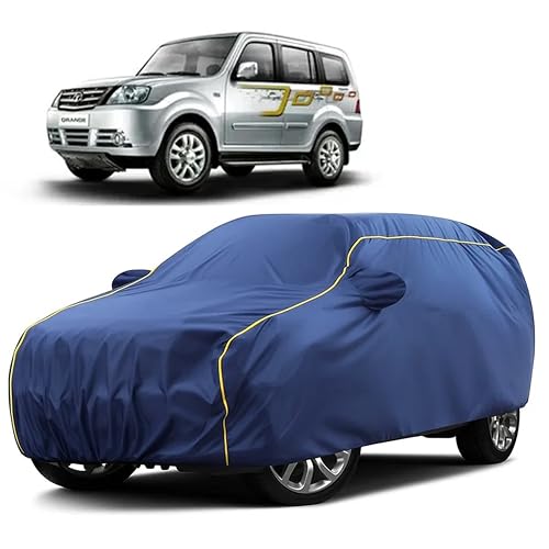 Image of Sulfar 100% Water Resistant Car Body Cover Compatible with Mirror for Tata Sumo Grande MK II (Triple Stitched, Full Bottom Elastic, Blue Taffeta with Yellow Piping)