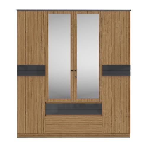 Image of Wakefit Elphi 4 Door Wardrobe with Mirror Urban Teak,Grey Foil