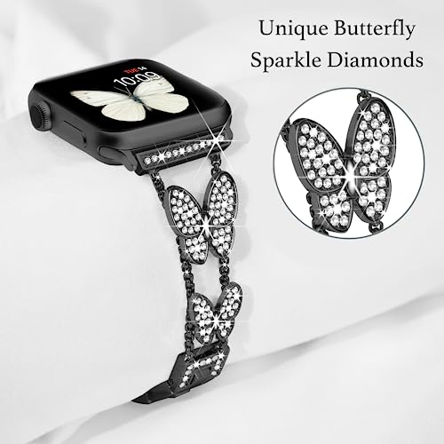 Image of Butterfly Band for Apple Watch Bands 40mm 41mm 42mm for Women Black | 42mm(S11 /10) 38mm iWatch SE Series 11 10 9 8 7 6 5 4 3, Slim Thin Metal Fancy Bling Cute Dressy Strap for Apple Watch Band