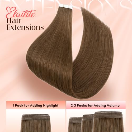 Image of Elailite Tape in Hair Extensions Human Hair Thick Real Remy Hairpieces Medium Brown 18 Inch 50g 20pcs Straight Invisible Seamless Skin Weft Best Tape for Women