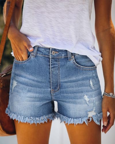 Image of onlypuff Womens Jean Short Cut Off Denim Shorts High Waist Ripped Distressed Stretchy
