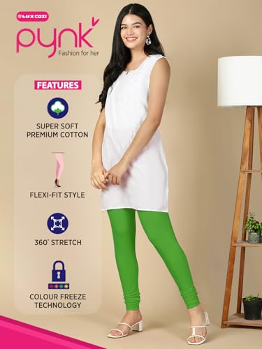 Image of Lux Cozi PYNK Solid Premium Cotton Lycra Churidar Leggings for Women | Regular Fit Elastic Waist Full Length Women Leggings | Free Size