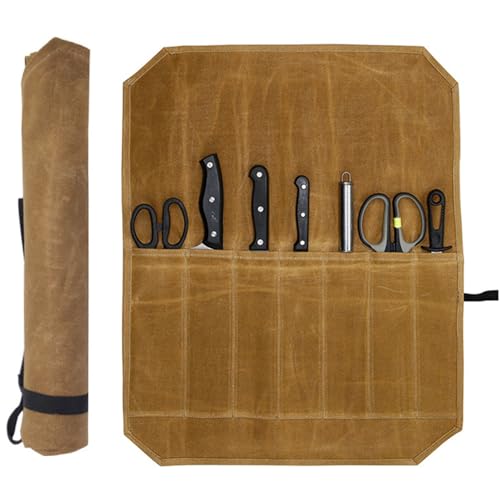 Sertay Profesional Cuchillos Lona, Cuchillos 7 Ranuras, Lona Encerada Cuchillos, Caqui Bolsillo Cuchillos, Bolsa Almacenamiento Cuchillos Cocina, para Cocina, Camping, Pesca, Caza Barbacoa (Caqui)