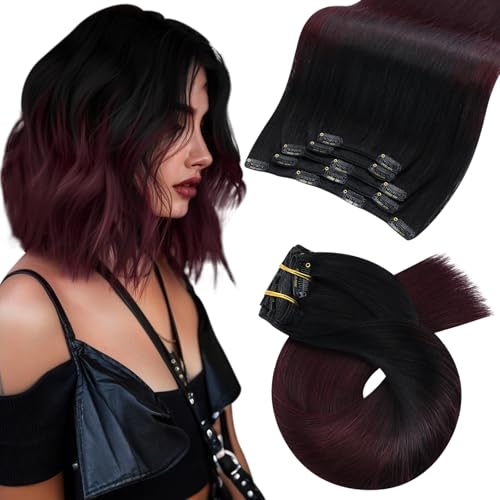 Image of Moresoo Burgundy Red Clip in Hair Extensions, Black Ombre 12in for Party | Invisible clip in extensions remy human hair, balayage black to cherry red, 80g 5pcs, double weft for short daily looks