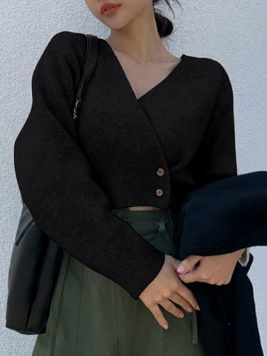 Image of WDIRARA Women's Wrap V Neck Sweater Button Front Long Sleeve Crop Knitted Top