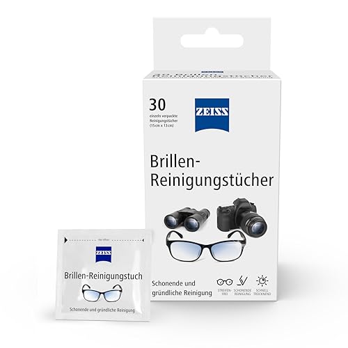 ZEISS Brillen-Reinigungst&uuml;cher mit Alkohol 30 St&uuml;ck zur schonenden & gr&uuml;ndlichen Reinigung Ihrer Brillengl&auml;ser - jedes Tuch einzeln verpackt - ideal f&uuml;r unterwegs oder auf Reisen