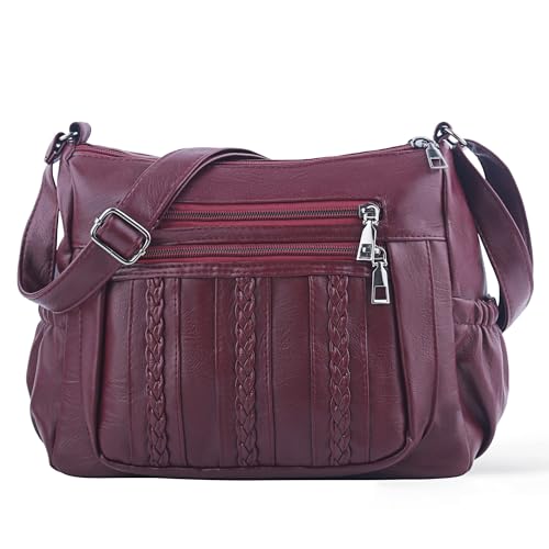 ELDA Purses for Women Pocketbooks Soft PU Leather Ladies Crossbody Purse Multi Pocket Shoulder Bag (Dark Red)