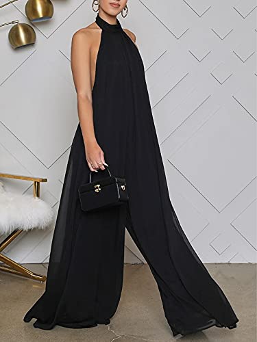 Ekaliy Women'S Sexy Summer Jumpsuit Halter Neck Sleeveless Chiffon Wide Leg Long Pant Jumpsuit Romper One Piece Party Outfit Black Large thumb #2