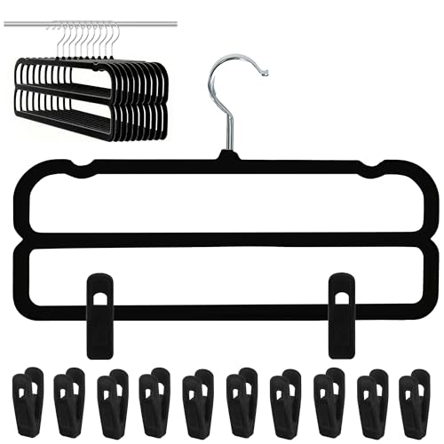 WJWSKI - WJWSKI Velvet Pants Hangers with Double Non Slip Bar - with Adjustable Clips- Thin Space Saving Clothes Hanger - 360° Swivel Felt Trouser Hanger Perchas Terciopelo 10 Pack (Black)