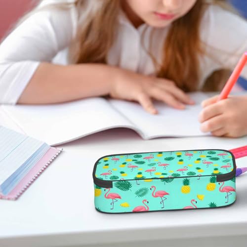 Image of Pink Flamingo Pencil Case Flamingo Exotic Tropical Leaves Pineapples Bird Pencil Bag Pen Markers Pouch Holder Organizer for Boy Girl School Students