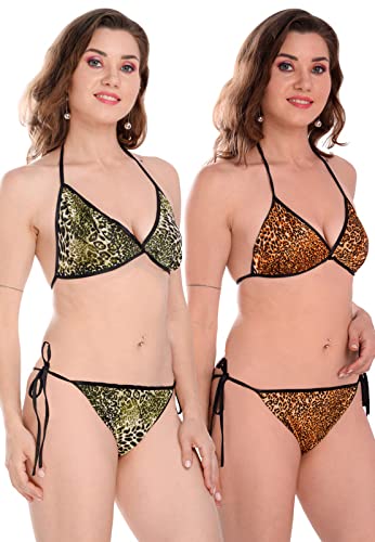 Image of Satin Animal Print Embellished Bikini Bra & Panty Lingerie Set for Women & Girls, Fits Well for Plus Size.