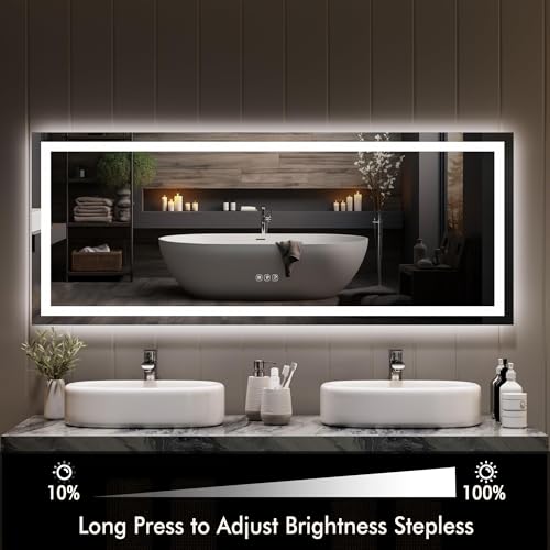 Image of GarveeHome 60x24 LED Bathroom Mirror with Lights, Backlit + Front Lit, Dimmable, Anti-Fog, Lighted Bathroom Vanity Mirror for Wall, Memory Function, Shatter-Proof (Horizontal /Vertical)