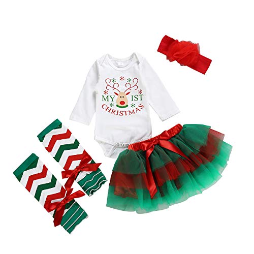 Christmas Newborn Baby Girl Outfits My 1st Christmas Romper + Dot Tutu Shirt +Headband +Leg Warmers 4pcs Clothing Set (Green, Size9-12Months(100))
