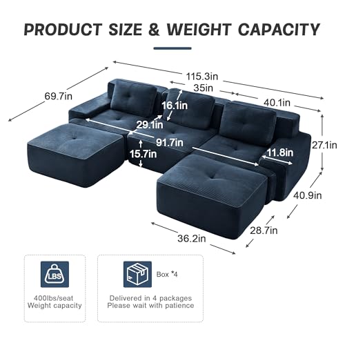 Image of 117 inch U-Shaped 3-Seater Modular Boneless Couch with 2 Ottomans, Cozy Corduroy Upholstery, Deep Seat Cloud sectional Sofa, No Assembly Anti-Slip Stable Design, Blue