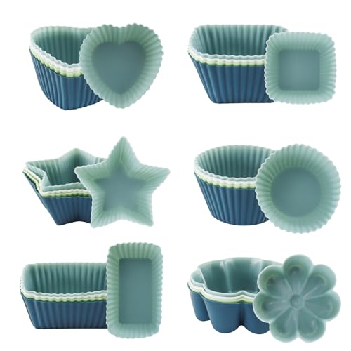 TOKSEO 24 Piezas Moldes de Silicona Magdalenas, 6 Tipos de Molde Silicona Reutilizables para Hornear Magdalenas, Cupcakes, Muffins, Reposteria, Gelatina (4 colores)
