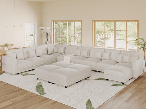 Image of LLappuil 14-Seat Modular Sectional Sofa with Storage, 163 inch Oversized U-Shaped Corduroy Couch with 10 Throw Pillows, Pet-Friendly Convertible Pit Sofa for Large Spaces, Skin-Friendly, Beige
