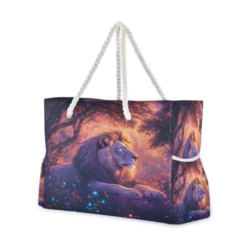 Large Beach Bags Totes Canvas Tote Shoulder Bag Luminous Lion Water Resistant Bags for Gym Travel Daily
