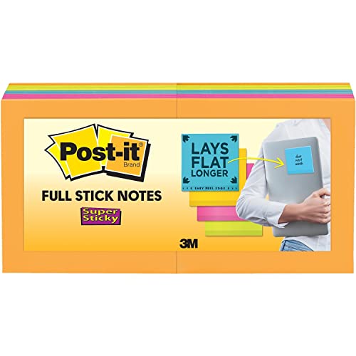 Post-it Super Sticky Full Stick Notes, 3x3 in, 16 Pads, 2X The Sticking Power, Energy Boost Collection, Bright Colors (Orange, Pink, Blue, Green), Recyclable (F330-16SSAU)