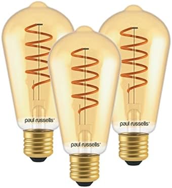 paul russells Spiral Filament LED Candle Small Edison Screw E14 2.5W Vintage Light - Pack of 3 - Replace 15W Extra Warm White 1800K SES C35 Amber Retro Style Decorative Non-Dimmable Bulbs No Flicker