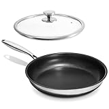 KOKHUB Stainless Steel Frying Pan 28 cm, Nonstick Frying Pan with Lid, Titanium Ceramic Tri-Ply Stainless Steel Pan, Induction Hob Compatible, Non-Toxic, PFAS/PFOA Free, Oven Safe
