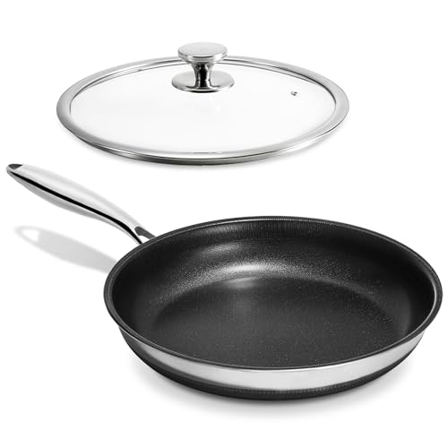 KOKHUB Edelstahlpfanne 28cm mit Titan-Keramik Beschichtung, 100% PTFE & PFAS-frei, Kratzfeste Bratpfanne Induktion, 3-Schicht Antihaftpfanne für alle Herdarten, Backofengeeignet