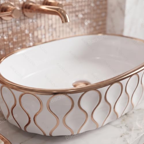 Image of Backline 20x13x5.5 Inches Table Top Wash basin | Basin for Bathroom | Countertop Bathroom Basin For Restaurant /Dining Hall /Living Room /Home (Rosegold White)(5 Years Glaze Warranty)