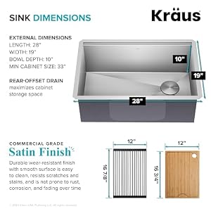 KRAUS Kore 28-Inch Undermount Workstation 16 Gauge Single Bowl Stainless Steel Kitchen Sink with Accessories, KWU110-28 KRAUS Kore 28 Inch Undermount Workstation 16 Gauge Single Bowl Stainless Steel Kitchen Sink with Accessories KWU110 28