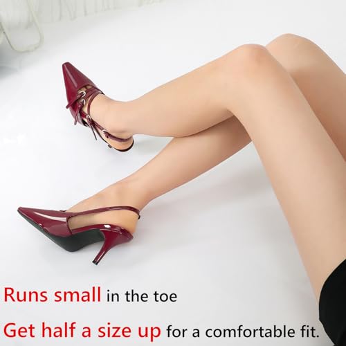 Susanny Burgundy Patent Slingback Kitten Heels for Women Closed Pointed Toe Strappy Dress Pumps Comfortable Stiletto Low Heels Sexy Buckle Strap Dressy Slip On Shoes for Wedding Bridal Work3