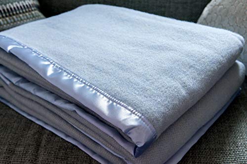 Snugglemore New and Improved Traditional 100% Pure Wool Solid Weave Blanket Throw with Satin Ribbon Trim (Blue, King Size)