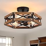 3-Light Rustic Farmhouse Wood Flush Mount Ceiling Light Fixture Oak Wood and Metal Cage Semi Flush Mount Ceiling Light for Hallway Hall Entry Bedroom Kitchen Farmhouse, Black