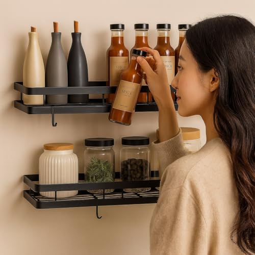 Image of Craftize Mstore Wall Mounted Kitchen Spice Rack Organizer - Black Iron Hanging Spice Shelf with 5 S-Shaped Hooks for Utensils | Pack of 2 (Two Different Sizes) (Pack-2)