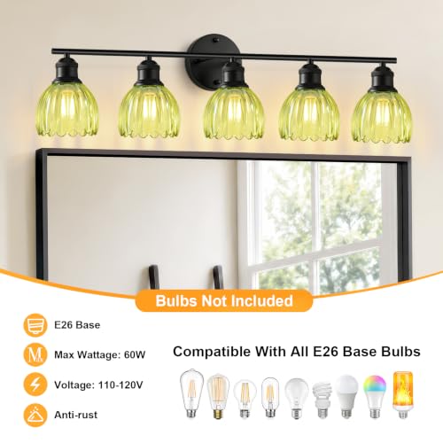 Image of Bathroom Light Fixtures, 5-Light Brushed Black Vanity Lights for Bathroom with Green Tulip Glass Shade, 30 inch Vintage Bathroom Vanity Lighting Fixtures Over Mirror for Bedroom Living Room Hallway