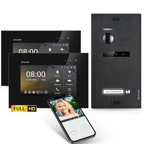 Balter EVO-HD Video Türsprechanlage, Video Türklingel, Smartphone App, 1 Familienhaus Klingel, 2X 7 Zoll HD-Monitore, Full HD-Kamera, 2 Draht Bus, Gegensprechanlage mit 175° Weitwinkel, Schwarz