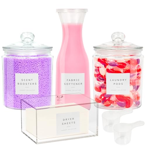 Glass Laundry Room Organization and Storage Set with Pods Holder, Detergent Container, Fabric Softener, Scent Booster Dryer Balls Acrylic Dryer Sheet Holder 2 Half Gallon Glass Jars Labels (4)
