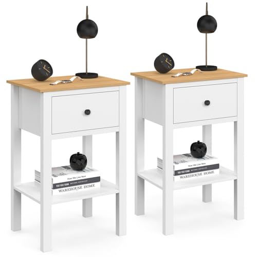 IDMarket - Lot de 2 Tables de Chevet Achille 1 tiroir et 1 Tablette Blanc et Plateau Bois