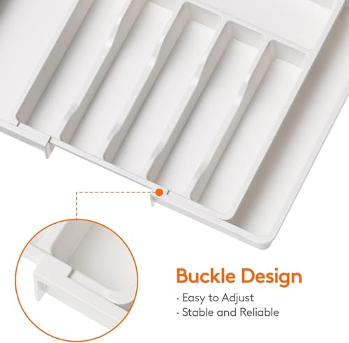 Image of Aroja Utensil Organizer for Kitchen Drawer, Expandable Cooking Silverware Tray, Adjustable Cutlery Flatware Holder, Plastic Spatula Tools Storage Divider (WHITE PACK OF 2)