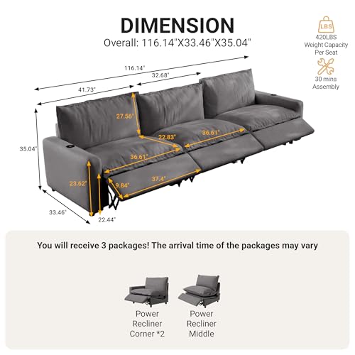 Image of 116.14 inch Power Reclining Sofa with Wireless Charging & Heated Seats,Smart Recliner Sectional Couch,Zero Gravity Recliner Sofa,Deep Seat Cloud Couch for Living Room Home Theater,Grey,3 Seats