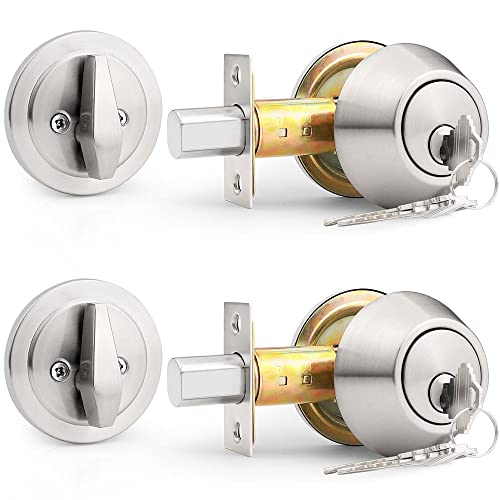 Probrico(2 Pack) Keyed Alike Single Cylinder Deadbolts Brushed Nickel (Combo Packs), Keyway Keys Handleset, 3 Keys Anti-Theft Interior& Exterior Door Hardware (for Entrance Lock and Front Gate)