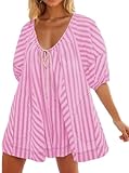 Women Casual Striped Summer Rompers Adjustable Neck Wide Leg Puff Sleeve Jumpsuits with Pockets(Purple,S)